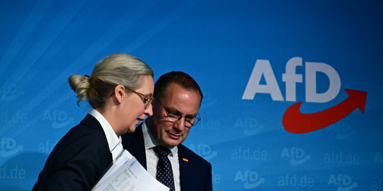 Co-leaders of Germany's far-right Alternative for Germany (AfD) party Alice Weidel (L) and Tino Chrupalla leave after a press conference in Berlin on September 2, 2024, a day after regional elections in the eastern federal states of Saxony and Thuringia. (Photo by Tobias SCHWARZ / AFP)