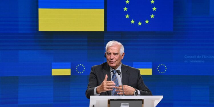 European Union's foreign policy chief Josep Borrell speaks during a press conference during an EU-Ukraine Association Council meeting at the EU headquarters in Brussels on September 5, 2022. (Photo by John THYS / AFP)