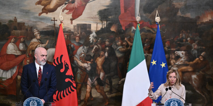 Italy's Prime Minister, Giorgia Meloni and Albania's Prime Minister Edi Rama give a joint press conference at Palazzo Chigi after their meeting in Rome on November 6, 2023. (Photo by Tiziana FABI / AFP)