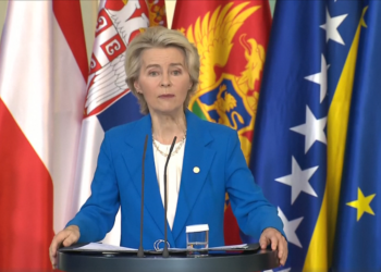 La presidente della Commissione europea, Ursula von der Leyen, al termine del summit del processo di Berlino [Berlino, 14 ottobre 2024]